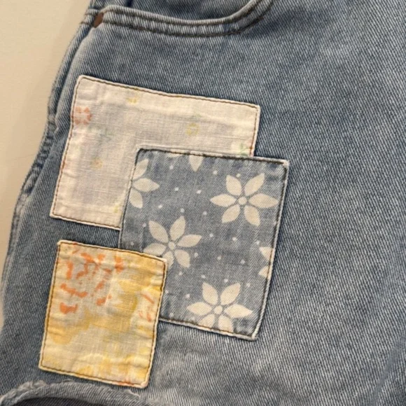 Wrangler & Billabong collaboration patchwork denim Jean Shorts with High Waist.
